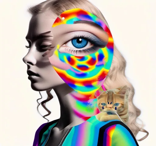 Prompt: A psychedelic collage featuring a photograph of a woman with blond curly long hair. The photo is cut and spliced with other photos - of cats, eyes, body parts, roads, landscapes, trippy optical illusion patterns, pickles, hamburgers, realistic  desert, alien  landscapes, geometric shapes etc in such a way that she has a psychedelic open third eye, in a psychedelic cut and paste collage <mymodel>