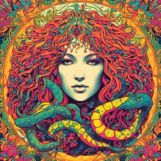 Prompt: <mymodel>Trippy, psychedelic poster art illustration of Eve with snake, victorious forbidden knowledge, loving, gracious, tree of life fruit, vibrant colors, intricate patterns, high quality, detailed illustration, psychedelic art, surreal, loving  gaze, vibrant color palette, intricate details, symbolic, graceful pose, spiritual, mystical lighting