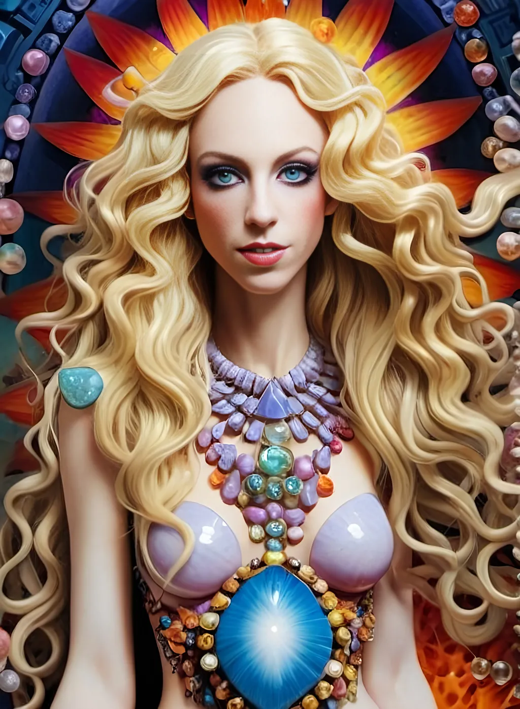 Prompt: <mymodel>ego death, woman long blond curly hair, figurine,  trippy extremely ultra hyperrealistic, high texture high detail psychedelic hallucination created entirely out of Gemstone, gemstones, crystals, crystal, psychedelic, texture, ego death, geometric shapes, fractals made out of gemstones gemstone textures minerals mineral texture banding crystals crystal clusters formations