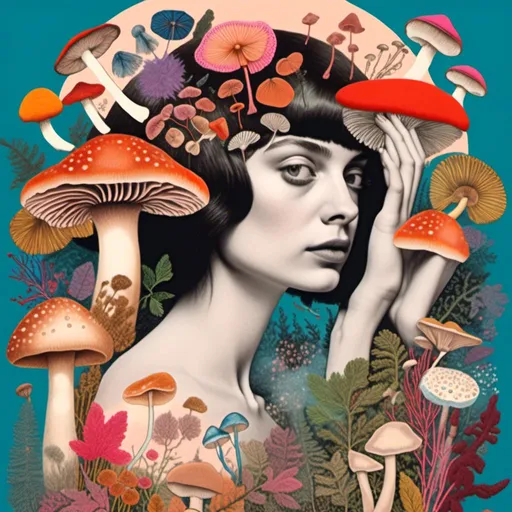 Prompt: <mymodel>Detailed  illustration of a woman collaging with drawings of mushrooms, vibrant color palette, whimsical and surreal, intricate collage details, ethereal glow, dreamy lighting, high quality, ultra-detailed, fantasy, vibrant tones, surreal lighting, whimsical design, collage art