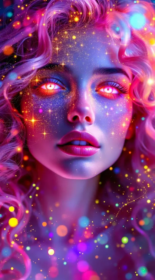 Prompt: Her face is a modular masterpiece—cheekbones traced with the shimmer of moonshine symmetry, every angle tuned to a hidden harmonic. Newton fractal veins glow faintly beneath translucent skin, shifting in color with each emotion. Her eyes burn with prime number fire, irises tiled in Penrose symmetry, blinking with curved light logic. Laughter echoes in Hilbert paths across her cheeks—space-filling joy spirals, soft and bright. Hair spills around her in radiant pink curls, styled by quasiperiodic forces and recursive wave equations—each strand flowing in luminous fractal tension. Geometry pulses at the hairline, recursive symbols glinting in neon mathdust. She is wrapped in hyperbolic aura-rings, layered in color-feedback like living topology, her presence refracting sacred math through joy, emotion, and colorfields.”

⸻

Visual Keywords:
Modular face symmetry, Newton glow skin, Penrose-tiled irises, Hilbert smile trails, pink recursive curls, fractal symbol halo, hyperbolic color aura, neon mathdust, prime fire eyes