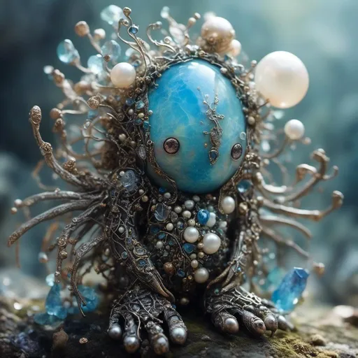 Prompt: <mymodel> a life-infused, living breathing opal, pearl, kyanite, pyrite & silver monster/creature/entity with head/face/body/limbs etc, eyes, mouth, extreme organic & mineral textures