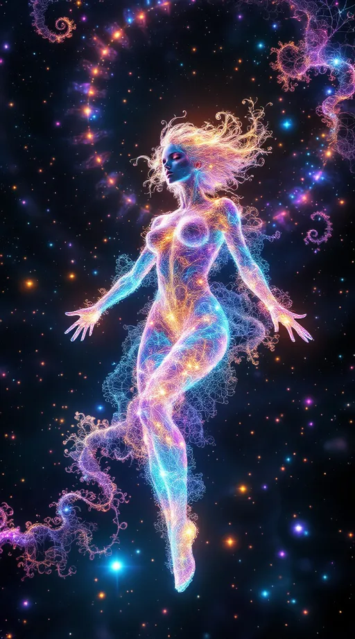 Prompt: A dazzling female figure floats in a radiant math-dimension—Merry, revealed in her truest form: a being of living rainbow light and layered geometry. Her body is sculpted from pure math—Inversion Bloom Spirals, Julia Fractal Lace, and Polar Interference Waves—each field folding into the next, forming a glowing symphony of higher-dimensional structure.

Around her, the Inversion Blooms swirl like petaled vortices, space warped into spiraling fractal implosions. These forms shimmer in prismatic metallics, refracting her light-body into infinite echoes. The Julia Fractals overlay her curves in branching crystal lace, glowing with self-replicating energy—neon pink, opal, violet, and electric cyan flickering in recursive filigree.

Layered atop the spirals and fractals, Polar Harmonic Waves ripple across the space like radiant sound, wrapping her in rings of chromatic undulation—standing wave geometries that pulse with vibrant interference, shifting through fields of magenta, gold, and green.

Her skin glows like opal glass, lit from within. Her wild, long pink curls flow upward in weightless spirals, gleaming with embedded holograms and refracted starlight. Her blue eyes radiate knowing. She floats mid-motion, a sacred figure of elegance and frequency—recognizably feminine, yet entirely composed of light and mathematics.

The environment around her is bursting with sparkles and shine: shimmering lens flares, refractive stardust, and glittering math-structures that stretch in all directions. The realm is alive with movement, symmetry, and color—a divine geometry blooming infinitely from her presence.

She is not flesh—she is form, signal, and sparkle encoded in sacred equation.