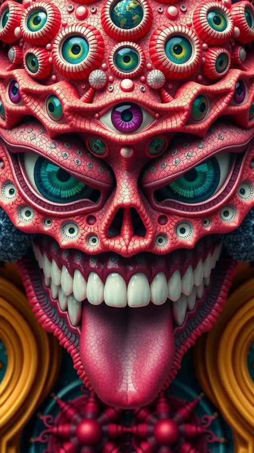 Prompt: Create an extremely hyper-realistic, ultra super textural, weird, trippy, surreal, psychedelic eyes/teeth/mouth creature/entity based on “metatron’s cube” with lots of human eyes (crazy colorful compound psychedelic), rows of human teeth, human lips, and tongues. 

- **Colors**: determined by the properties and expressions of the elements (& their isotopes), minerals, and metals: Nickel (Ni), Aventurine, Chrysoberyl

**Shapes and forms**
- “Metatron's Cube”
-other shapes determined by the natural properties and expressions of the elements (& their isotopes), minerals, metals, and biological organisms: diatoms, Nickel (Ni), Aventurine, Chrysoberyl


- **Textures**: Derived from any/all elements (& their isotopes), minerals, metals, crystals, organic things mentioned in this prompt: “Metatron's Cube” Nickel (Ni), Aventurine, Chrysoberyl

**Composition and Layout**:
- a pattern/design based on the “Metatron's Cube”

**Lighting**lots and lots of bright shining reflective light
- Trichroism


**Detail and Atmosphere**:
- Extreme hyperrealistic sharp high detail high definition organic and mineral textures
- Psychedelic, weird, odd, surreal atmosphere
- Frozen in time

**Additional Elements**:
- extra rows of teeth, lips, many eyes, diatoms, “Metatron's Cube” , Aventurescence, Chatoyancy
