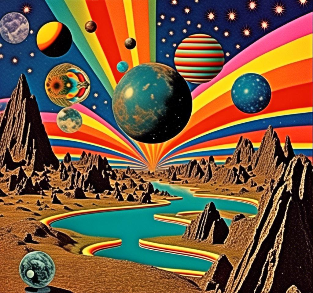 Prompt: A vintage 70s psychedelic collage with the theme “astral vacation”- incorporate themes of astral projection, the astral plane, the silver cord, use an astral brilliantly but sometimes muted opalescent color palette, & combine it all with planets, orbs, optical illusions and psychedelic trippy patterns, color spectrums as a surreal vintage psychedelic collage<mymodel>