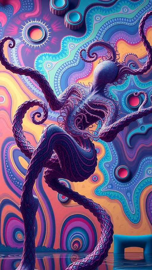 Prompt: A strange surreal beautiful flowing lithe interdimensional psychedelic entity/creature, made of fractal geometry, existing in many dimensions simultaneously, melting from one dimension to the next, phasing in and out of reality, inter dimensional fractal geometry come to life, psychedelic, trippy, weird, but beautiful, 