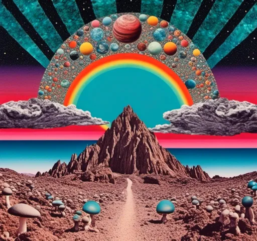 Prompt: <mymodel>surreal Psychedelic collage of spliced photographs, mushrooms, crystals, alien landscapes, desert landscapes, mountain landscapes, space, planets, orbs, psychedelic patterns, geometric shapes, optical illusions, highres, ultra-detailed, surreal, psychedelic, vibrant colors, cosmic, intricate details, surrealistic, dreamy lighting