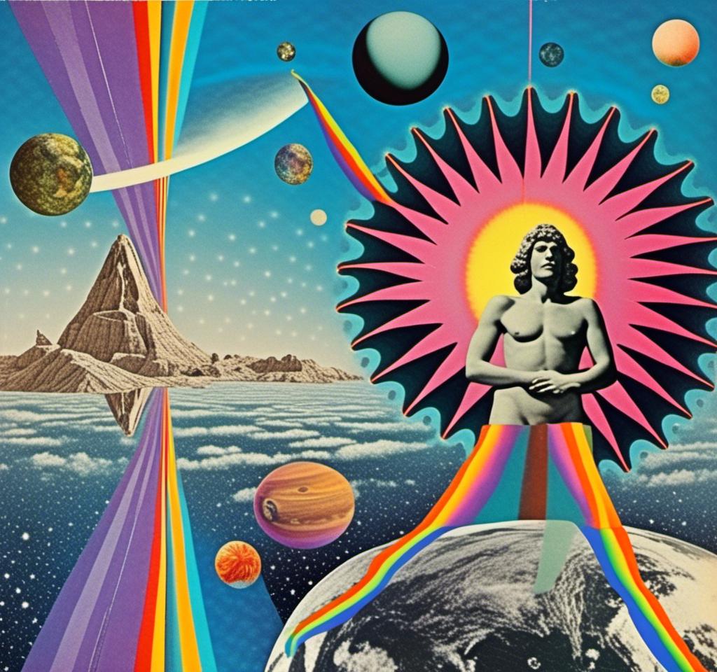 Prompt: A vintage 70s psychedelic collage with the theme “astral vacation”- incorporate themes of astral projection, the astral plane, the silver cord, use an astral brilliantly but sometimes muted opalescent color palette, & combine it all with planets, orbs, optical illusions and psychedelic trippy patterns, color spectrums as a surreal vintage psychedelic collage<mymodel>