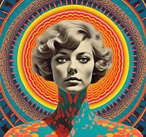 Prompt: <mymodel>Psychedelic trippy collage with a surreal vintage 70s sci-fi feel, vibrant colors, retro futuristic elements, surreal landscapes, detailed psychedelic patterns, high quality, vintage sci-fi, mixed with photograph of a woman with blond curly hair, geometric shape and optical illusions, vibrant colors, surreal, detailed patterns, trippy, collage, 70s, retro futuristic, eyes, surreal landscapes, detailed, atmospheric lighting