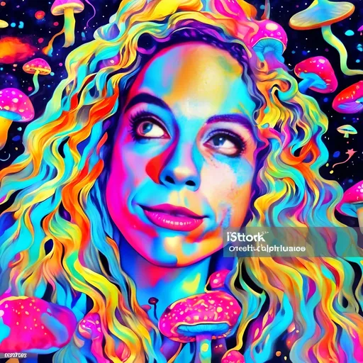 Prompt: Psychedelic girl with long blond curly hair in outer space, surrounded by colorful magic mushrooms, wearing mushrooms in her hair, psilocybe cubensis, trippy hallucinations, vibrant colors, surreal atmosphere, detailed hair with psychedelic reflections, highres, vibrant art style, cosmic lighting, psychedelic, hallucinatory, colorful, surreal, detailed hair, space, outer space, vibrant colors, vibrant art style, trippy visuals