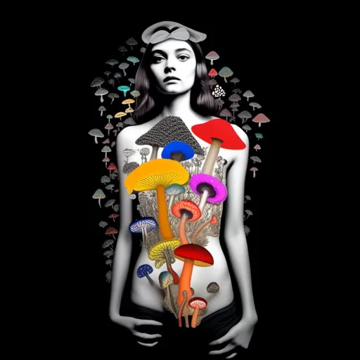 Prompt: A mixed media collage of a black and white photograph of a young woman growing all kinds of colorful multimedia psychedelic mushrooms and fungus out of her body (incorporate things like- but are not limited to - vibrant paints, enamels, glitters, metallic foils, newspaper and magazine cut paper, paint spatter, etc)<mymodel>