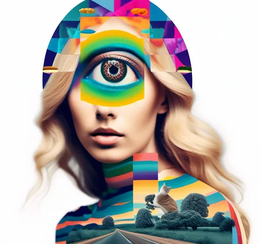 Prompt: A psychedelic collage featuring a photograph of a woman with blond curly long hair. The photo is cut and spliced with other photos - of cats, eyes, body parts, roads, landscapes, trippy optical illusion patterns, pickles, hamburgers, realistic  desert, alien  landscapes, geometric shapes etc in such a way that she has a psychedelic open third eye, in a psychedelic cut and paste collage <mymodel>