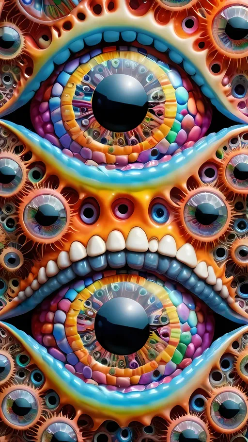 Prompt: an extremely hyper realistic ultra super textural weird trippy surreal psychedelic entity, voronoi patterns, white, translucent, clear, bright bright pastel colors, oil slick rainbow sheen effect, lots and lots of light, lots of crazy colorful compound psychedelic human eyes, rows of human teeth, fungus, atoms, diatoms, voronoi patterns