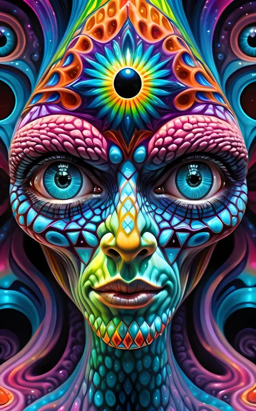 Prompt: Extreme psychedelic hyperrealism- Super high definition ultra textural multidimensional nonhumanoid crystal silicon noneuclidean geometric entity with crazy psychedelic bizarre eyes watching, looking, observing, psychedelic hallucination surrealism, psychedelic alien nonEuclidean geometry creature, multidimensional, detailed, highres, intense colors, eerie lighting, bizarre features, unsettling atmosphere, otherworldly, distorted proportions, mind-bending, dreamlike, abstract,, extremely textural high detailed psychedelic and metallic textures