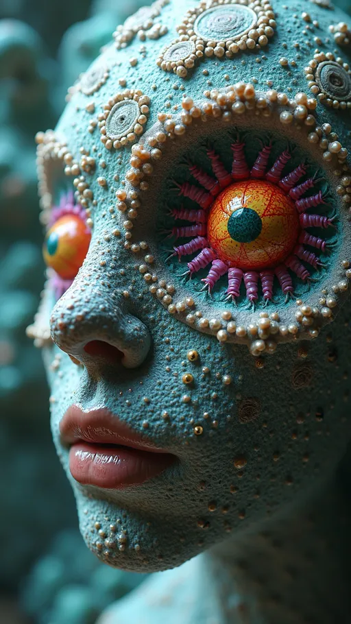 Prompt: an extremely hyper realistic ultra super textural weird trippy surreal psychedelic entity, Cardioid Curves, ,,, translucent, pearlescent finish, silver, pyrite, quartz,, clear, bright vivid teals, blues, pinks/yellows/greens, black charcoal, lots and lots of light, lots of crazy colorful compound psychedelic human eyes, rows of human teeth, fungus,  atoms, diatoms,, Cardioid Curves
