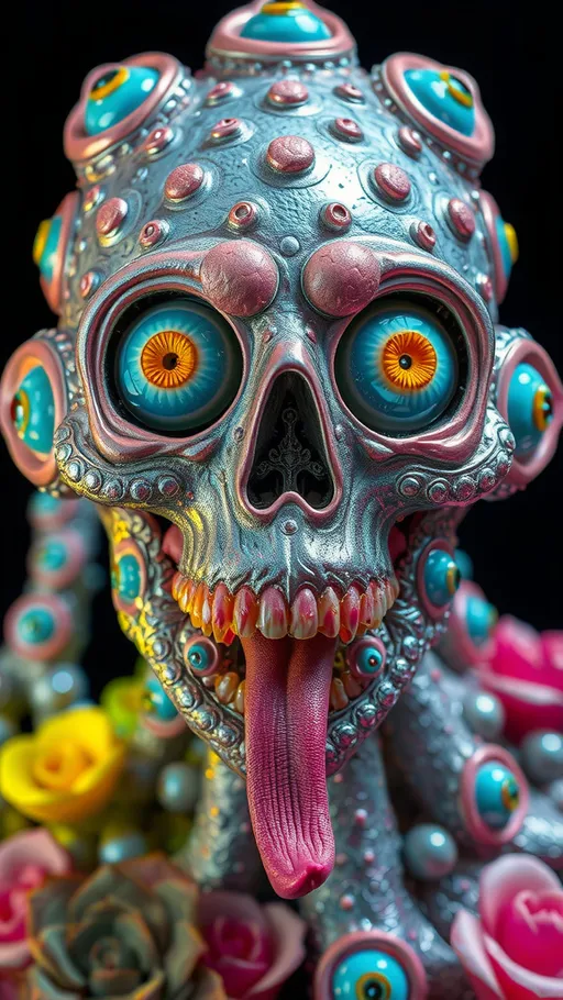 Prompt: an extremely hyper realistic ultra super textural weird trippy surreal psychedelic entity, silver, pyrite, quartz,, flourite, apatite, bright vivid pinks, greens, yellows,blues,  lots and lots of light, lots of crazy colorful compound psychedelic human eyes, rows of human teeth, human lips, tongues, lithops, succulent, quantum strings, algae, bryozoans,  Bose-Einstein Condensate, extreme high definition organic and mineral textures