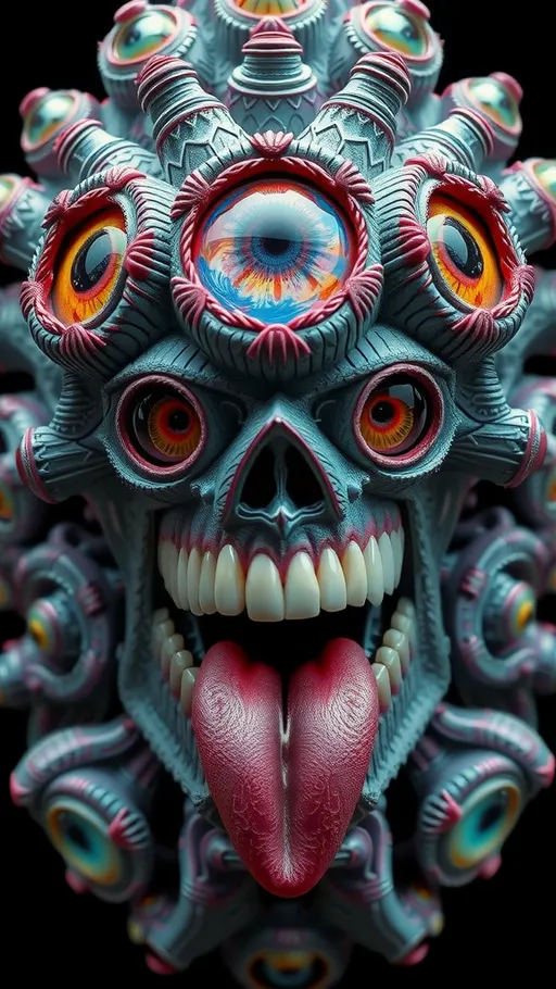 Prompt: Create an extremely hyper-realistic, ultra super textural, weird, trippy, surreal, psychedelic eyes/teeth/mouth creature/entity based on “metatron’s cube” with lots of human eyes (crazy colorful compound psychedelic), rows of human teeth, human lips, and tongues. 

- **Colors**: determined by the properties and expressions of the elements (& their isotopes), minerals, and metals: Nickel (Ni), Aventurine, Chrysoberyl

**Shapes and forms**
- “Metatron's Cube”
-other shapes determined by the natural properties and expressions of the elements (& their isotopes), minerals, metals, and biological organisms: diatoms, Nickel (Ni), Aventurine, Chrysoberyl


- **Textures**: Derived from any/all elements (& their isotopes), minerals, metals, crystals, organic things mentioned in this prompt: “Metatron's Cube” Nickel (Ni), Aventurine, Chrysoberyl

**Composition and Layout**:
- a pattern/design based on the “Metatron's Cube”

**Lighting**lots and lots of bright shining reflective light
- Trichroism


**Detail and Atmosphere**:
- Extreme hyperrealistic sharp high detail high definition organic and mineral textures
- Psychedelic, weird, odd, surreal atmosphere
- Frozen in time

**Additional Elements**:
- extra rows of teeth, lips, many eyes, diatoms, “Metatron's Cube” , Aventurescence, Chatoyancy
