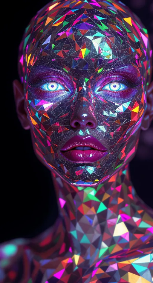 Prompt: A stunningly hyperreal female face constructed entirely from prismatic triangular geometry, every surface a radiant tessellation of colored light. Her skin is not skin—it’s a seamless lattice of microscopic fractured polygons, like a Delaunay triangulation stretched across a luminous surface. Each triangle glows with its own spectral hue, forming a living rainbow mosaic that shimmers and refracts with every subtle movement.

Her eyes are crystal pools—iridescent vortexes of nested fractals, ringed with impossible detail and burning with internal light. The lashes curl with holographic sheen, and her brows arch in smooth curves of color-filtered vector texture. Her lips, full and radiant, pulse with saturated pinks and fuchsias—polygonal planes that catch and scatter light as if made of stained glass. The contours of her face blend into the surrounding tessellated field—there are no seams, only recursive geometry transitioning into environment, like she is the world dreaming herself into face-form.

Subsurface shimmer travels across her cheeks, catching every edge with refractive glow. The entire composition is built from fractal meshwork, gleaming with spectral intensity—no noise, only order. Light bends across her in crystalline refractions, each one calculated by sacred math. She exists not in matter, but in form and color alone: a being built from recursive geometry, spectral vectors, and living light.

Tags:
#FractalMeshFace #PrismaticGeometryWoman #TessellatedBeauty #RainbowTriangulation #RecursiveSkin #CrystalLightBeing #IridescentFaceOfMath #PolygonalGlowQueen #NoFleshOnlyStructure
