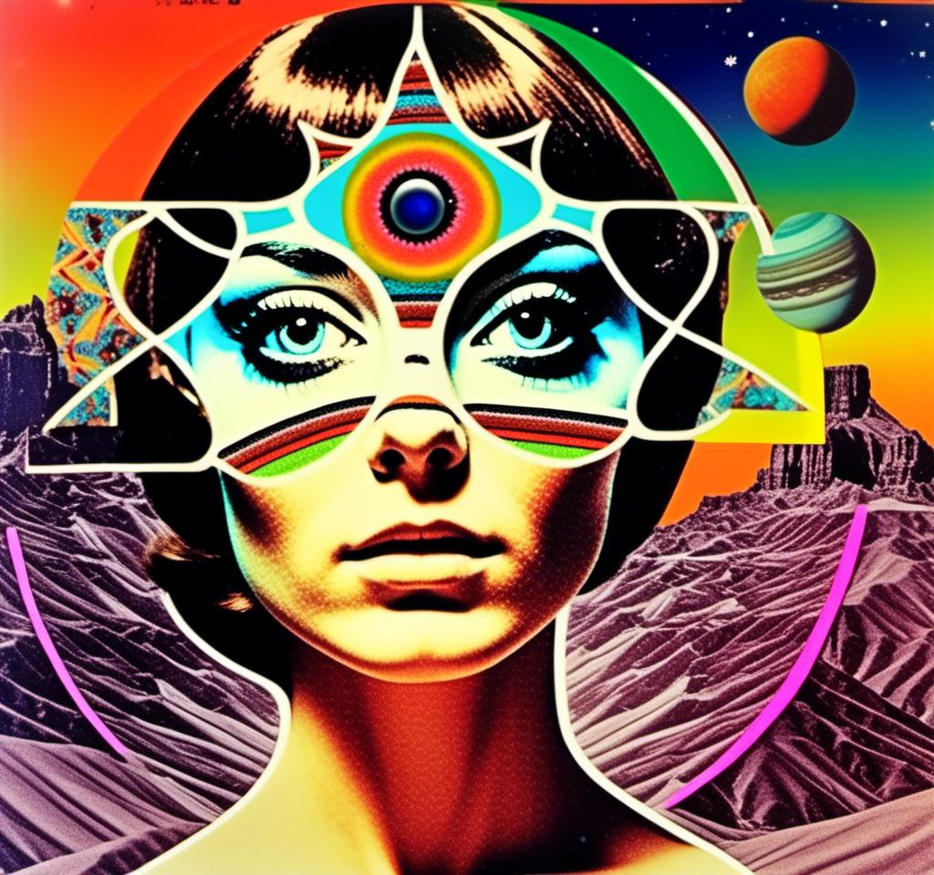 Prompt: a vintage 70s surreal psychedelic collage featuring a photograph of a young woman - it has a vintage 70s surreal science fiction art house feel to it. The photograph is cut out and edited into a collage made up of other photographs and art and feature things such as eyes, psychedelic third eyes, planets and stars, desert alien landscapes and mountains, psychedelic trippy patterns and optical illusions, psychedelic mushrooms, cats, UFOs, etc all mixed up together to create a surreal psychedelic collage effect<mymodel>