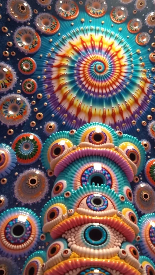 Prompt: In a dimension where quantum and math converge, a vibrant entity emerges, embodying reality as a construct. Its form pulses with colors—neon purples, electric oranges, and luminous turquoises—rippling like liquid light.

Surrounding it are psychedelic human eyes, each a kaleidoscope of patterns and colors. These eyes are mathematically arranged in logarithmic spirals and golden ratios, floating in the void with irises swirling in fractal designs, gazing deeply.

Below, rows of human mouths stretch out, adorned with vibrant, psychedelic lips. These mouths form intricate patterns, placed according to the Fibonacci sequence. Lips shimmer in iridescent hues, teeth within glistening like pearly fractals.

The background is a subtle, dreamlike wash of cosmic colors, highlighting the entity and features. It's an abstract canvas of soft blues and pinks, contrasting with the vivid foreground.

The entity stands as an anchor amidst the chaos of eyes and mouths, creating a hypnotic rhythm. This trippy landscape invites exploration of imagination's boundaries, questioning existence's nature, and reveling in the mathematical beauty of the human form in a universe where anything is possible.