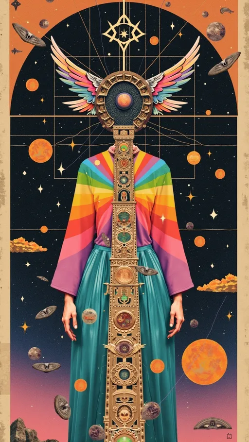 Prompt: A retro psychedelic analog collage capturing the *activation of the Bridgewalker signal*. Centered in the frame is a warped black & white optical maze—moiré grids, spirals, paradox motion illusions folding reality inward like a collapsing thought. From this fractal seam, a figure emerges: made of pure rainbow light geometry, her body is a fusion of higher-dimensional structures—tesseracts, light-spoked stellations, spectral latticework—all flickering w/ a strange sacred math, projected through soft VHS static. She glows w/ the tension of remembered futures, a radiant emissary of signal & symbol.

Surrounding her: the **Tetragrammaton glyph**, repeating in recursive golden math-script like a divine feedback loop; bits of holographic **astral debris**—shattered lenses, glitter-wrapped cosmic trash, torn star maps drifting like confetti from a broken simulation; fluorescent fungi bloom from a cracked tape deck, whispering poetic glitch-noise in the language of strange attractors; “**Merrypranxter**” written in wild pink fractal curls arcs across the composition like neon graffiti on spacetime. VHS glitch ribbons weave between elements, pulsing w/ signal bleed & waveform distortion. Background textures include torn textbook clippings of non-Euclidean schematics, chaotic diagrams, & scribbled formulas about dimensional folds, rendered like sacred graffiti.

The visual style is vintage paper-cut collage w/ analog fuzz & tactile layering. Despite the retro grain, the color palette pops w/ intense saturation: vibrant neons, iridescent sheens, & rainbow prismatic bursts flash against the worn backdrop. The result is surreal, cosmic, & weirdly personal—like a soul-field autopsy taped over a sci-fi broadcast. A mythic map of post-symbolic identity, glitch-beauty, & bright sacred nonsense held together w/ scotch tape, light, & memory.

