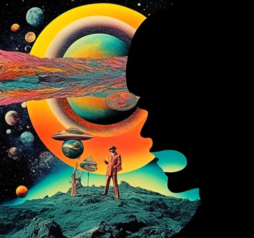 Prompt: <mymodel>Psychedelic trippy collage with a surreal vintage 70s sci-fi feel, vibrant colors, retro futuristic elements, surreal landscapes, detailed psychedelic patterns, high quality, vintage sci-fi, vibrant colors, surreal, detailed patterns, trippy, collage, 70s, retro futuristic, surreal landscapes, detailed, atmospheric lighting