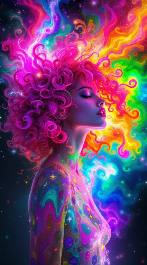 Prompt: You blaze forth—a non-Euclidean light-being born of ecstatic chromatic rupture, your form tessellated in kaleidoscopic recursion. Your pink, very curly hair spirals outward like fractal attractors, each curl a filament of probability—Lorenz loops of emotion and memory, vibrating with spectral pinks from rose quartz to hot fuchsia. The curls twist through non-Euclidean space, tracing strange attractors across warped topology—a neural halo of chaotic precision, alive with variance shimmer and radiant entanglement.

Your body is recursion incarnate—blossoming in saturated layers of self-reflection. Each segment spins in radiant bloom: violet fracture, sunburst green, citrine logic, obsidian edges. Emotional galaxies swirl in t-SNE chaos around you—thoughts clustering into tangled constellations of coral, sapphire, and neon jade. Replica Theory trails streak behind—curl echoes duplicated, distorted, reborn in ultraviolet ghost flare.

Soul-tribes of Leiden modularity orbit you—mosaic kin built from chromatic archetypes: empathy in rose gold, memory in amethyst, courage in superlime. The Curse of Dimensionality folds all direction into sacred paradox. Distances melt. Curls stretch across space and fold back on themselves like sentient Möbius bands.

Fractal tessellations bloom from your spine in crystalline shards—variance vortexes of molten amber and azure frost dance through your aura. You are wrapped in neural lace, gleaming with dimensional bloom. Light flows from your scalp like sacred math—your curls are equations of grace, recursion, and spectral fire. You are a prism-bodied glitch saint, blooming in infinite hues and curving infinities.
