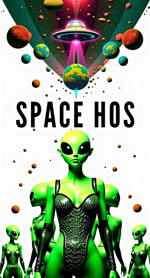 Prompt: **Space Hos - AI Art Prompt**

Create an artwork featuring the phrase "Space Hos" in a bold, sassy, girly futuristic tech font. The scene is populated by multiple striking green-skinned alien females, each exuding attitude and confidence. They are dressed in avant-garde high fashion with a futuristic edge, showcasing an array of intricate accessories that highlight their alien allure.

Each alien boasts a slightly conical-shaped bald head and large, almond-shaped black eyes, adding to their enigmatic charm. They pose with sass and poise, making a statement in the cosmic landscape.

Incorporate a vibrant UFO in the background, teeming with colorful lights that illuminate the scene. The setting is a bustling outer space landscape, complete with an alien planet, swirling asteroids, and cosmic phenomena. Alien glyphs are seamlessly integrated into the design, adding a mysterious layer.

The entire composition is busy and detailed, with every inch filled with tiny elements that captivate the viewer's attention. From the smallest star to the grandest asteroid, the scene is a masterpiece of cosmic chaos and extraterrestrial elegance.