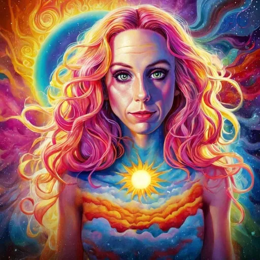 Prompt: Psychedelic art of a woman with pink hair, sun above her head, swirling waves, rainbow-hued sky, Alex Grey, poster art, professional, vibrant colors, swirling patterns, detailed hair, surreal atmosphere, highres, psychedelic, rainbow, sun, intense gaze, artistic, swirling waves, detailed eyes, dreamlike, vibrant lighting