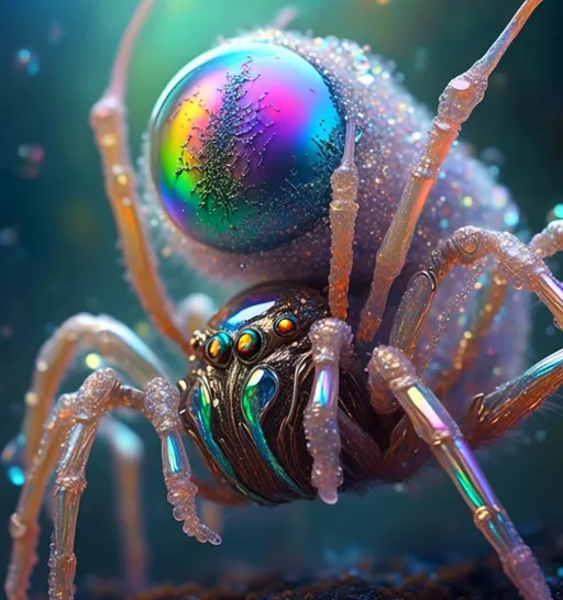 Prompt: <mymodel>extremely hyperrealistic extremely high textural beautiful female sentient spider entity, arachnid woman,8 eyes, humanoid, human woman with spider features, lots of light, extreme organic textures, white, translucent, bright pastel colors, oil slick rainbow sheen effect, silver, chrome, crystals, 
Arachnid, cephalothorax, abdomen, pedipalps, chelicerae, fangs, spinnerets, silk glands, book lungs, tracheae, 