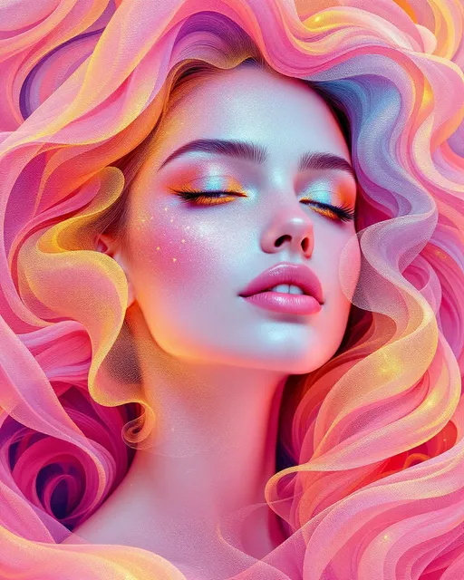 Prompt: Her face is carved in modular harmony—cheekbones outlined by subtle fractal lace, glowing with the soft shimmer of recursive symmetry. Eyes sparkle with prime-light logic, brows crowned in Penrose crystal forms that never repeat. Her laughter curves space—smile folding like hyperbolic silk, lips forming impossible geometries that pulse with joy. Hair flows in long pink curls that dance between order and chaos—each strand a ribbon of quasiperiodic math, shifting in soft fractal swirls and color-flame gradients. Light wraps her in nested tilings, sacred yet playful—like she’s dressed in the math of beauty itself. The air around her hums with tiling truth, color trails, and symmetrical radiance—an aura of joy encoded in math.”

⸻

Visual Keywords:
Modular symmetry face, fractal edge lace, Penrose crown, hyperbolic smile, pink quasiperiodic curls, recursive hair shimmer, color-flame gradients, nested geometry aura