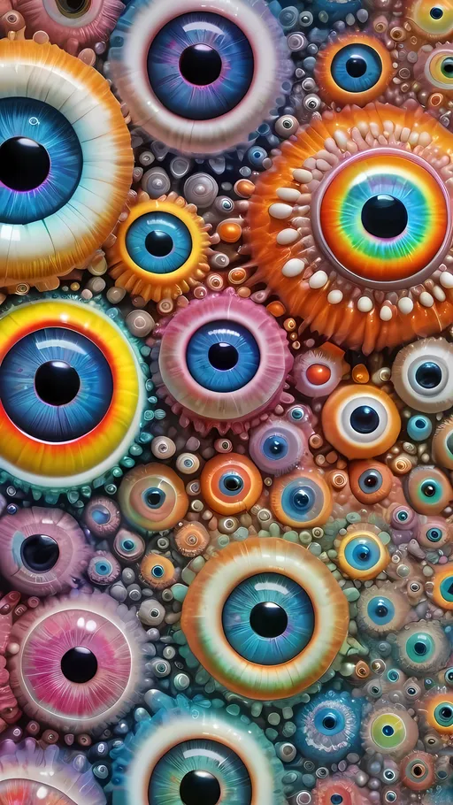 Prompt: an extremely hyper realistic ultra super textural weird trippy surreal psychedelic entity, Epicycloids, white, translucent, clear, bright bright pastel colors, oil slick rainbow sheen effect, lots and lots of light, lots of crazy colorful compound psychedelic human eyes, rows of human teeth, fungus, atoms, diatoms, Epicycloids