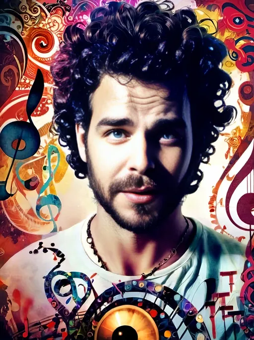 Prompt: man with piercing blue Al eyes and curly brunette ringlets, surrounded by music notes, psychedelic 70s poster art illustration, photorealism, detailed curls, intense gaze, music motifs, vivid colors, psychedelic, high quality, realistic, 70s style, detailed eyes, professional lighting