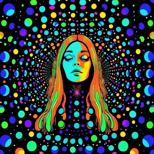 Prompt: <mymodel>Vintage 70s black light poster art illustration, girl hallucinating in space, psychedelic mushrooms, planets, moons, stars, fractals, vibrant colors, intense black light effects, detailed psychedelic girl, cosmic atmosphere, high quality, psychedelic, vintage, space, vibrant colors, fractal details, hallucination, girl illustration, retro art style, cosmic lighting