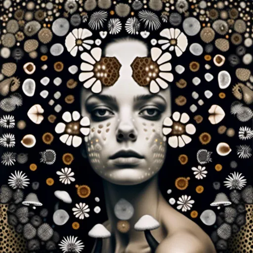 Prompt: a mixed media collage of a girl wearing or growing mushrooms/fungus as clothing body parts and accessories. She is a black and white or halftone photograph, the mushrooms and fungal growths are to be mixed media, including but not limited to paint, enamel, foils, glitter, sparkle, sequins, found objects, natural items, rhinestones etc <mymodel>