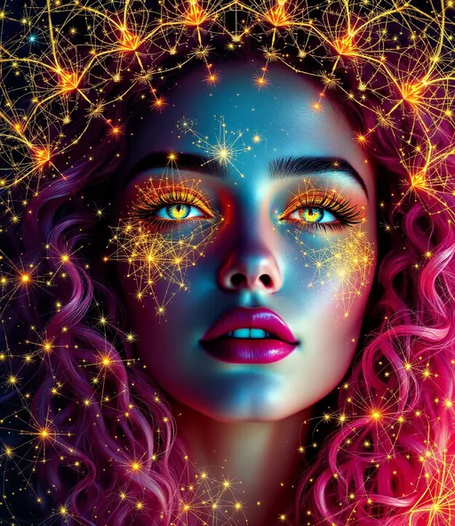 Prompt: Her face is a modular masterpiece—cheekbones traced with the shimmer of moonshine symmetry, every angle tuned to a hidden harmonic. Newton fractal veins glow faintly beneath translucent skin, shifting in color with each emotion. Her eyes burn with prime number fire, irises tiled in Penrose symmetry, blinking with curved light logic. Laughter echoes in Hilbert paths across her cheeks—space-filling joy spirals, soft and bright. Hair spills around her in radiant pink curls, styled by quasiperiodic forces and recursive wave equations—each strand flowing in luminous fractal tension. Geometry pulses at the hairline, recursive symbols glinting in neon mathdust. She is wrapped in hyperbolic aura-rings, layered in color-feedback like living topology, her presence refracting sacred math through joy, emotion, and colorfields.”

⸻

Visual Keywords:
Modular face symmetry, Newton glow skin, Penrose-tiled irises, Hilbert smile trails, pink recursive curls, fractal symbol halo, hyperbolic color aura, neon mathdust, prime fire eyes