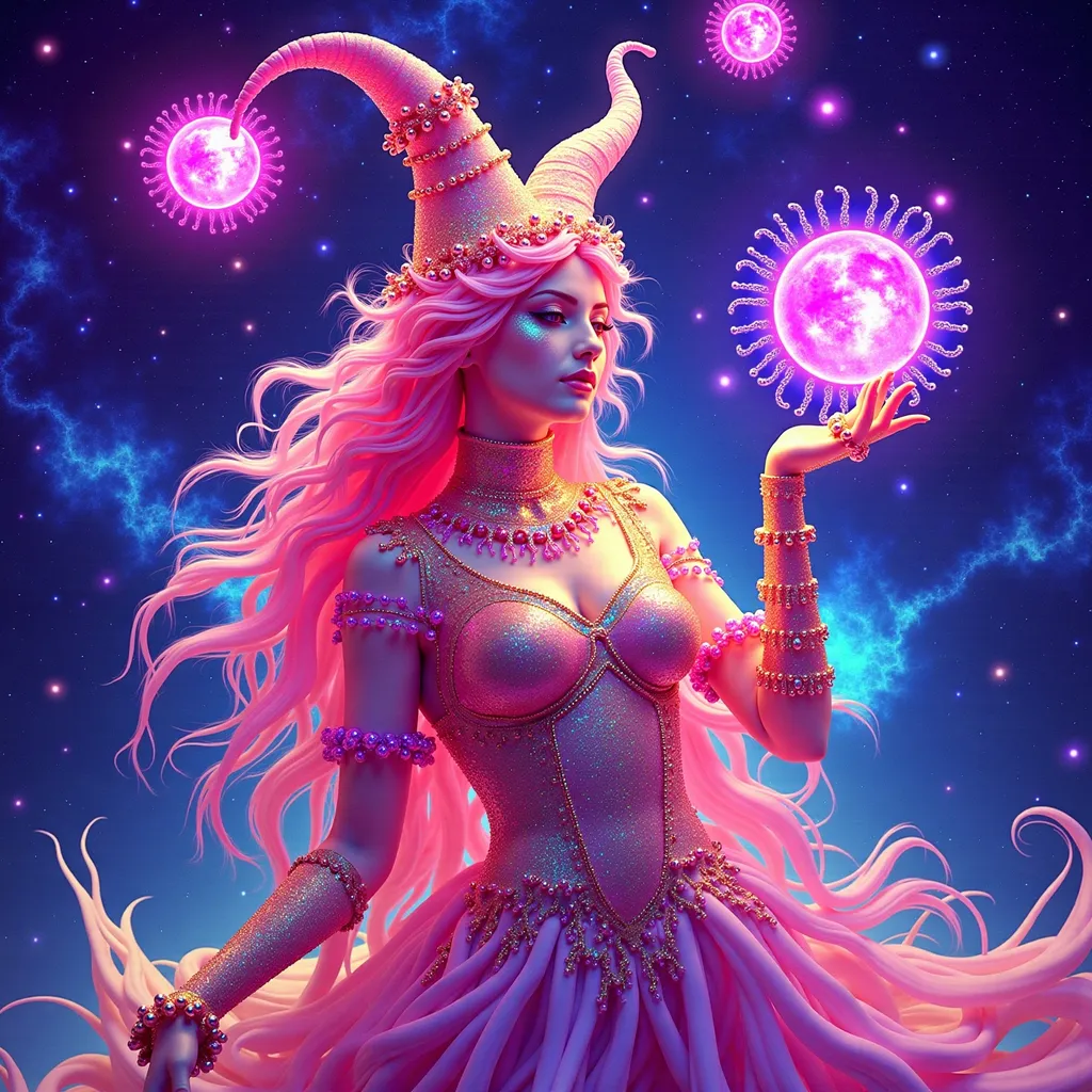Prompt: A super hyperrealistic yet also illustrative and creative female cosmic jester, made entirely of swirling pure colored light, with long wild curly hair that appears pink but is a dazzling spectrum of hues shimmering beneath the surface. She is adorned in beautiful avant-garde "astral" jester's attire, complete with intricate clown makeup that glimmers like stardust and a definitive jester's hat adorned with miniature galaxies that orbit its tips. Her ensemble includes exquisite accoutrements—ornate cosmic bangles that hum with the resonance of distant quasars and an ethereal cape that flows like liquid auroras. She sparkles, shines, and dazzles in a mesmerizing swirl of ever-changing colors, embodying the essence of cosmic whimsy and wonder. Perched atop an enormous, spinning Möbius strip made of liquid starlight, she juggles glowing quantum orbs that flicker between states of existence, each orb containing a miniature universe that pulses with fractal patterns. The background is a psychedelic tapestry of hyperdimensional geometry, where constellations rearrange themselves into impossible shapes, and stars pulse to the rhythm of an unheard cosmic melody. Fractal tessellations resembling Escher-like infinity loops cascade through the scene, while quantum entanglement trails connect her juggling orbs in a dance of light. Möbius transformations ripple through the liquid starlight, creating endless loops of brilliance, as pulsating nebulas, astral winds swirling with cosmic dust, and shimmering auroras flow like liquid silk across the infinite expanse.