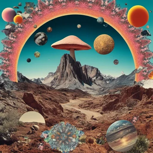 Prompt: <mymodel>surreal Psychedelic collage of spliced photographs, mushrooms, crystals, alien landscapes, desert landscapes, mountain landscapes, space, planets, orbs, psychedelic patterns, geometric shapes, optical illusions, highres, ultra-detailed, surreal, psychedelic, vibrant colors, cosmic, intricate details, surrealistic, dreamy lighting