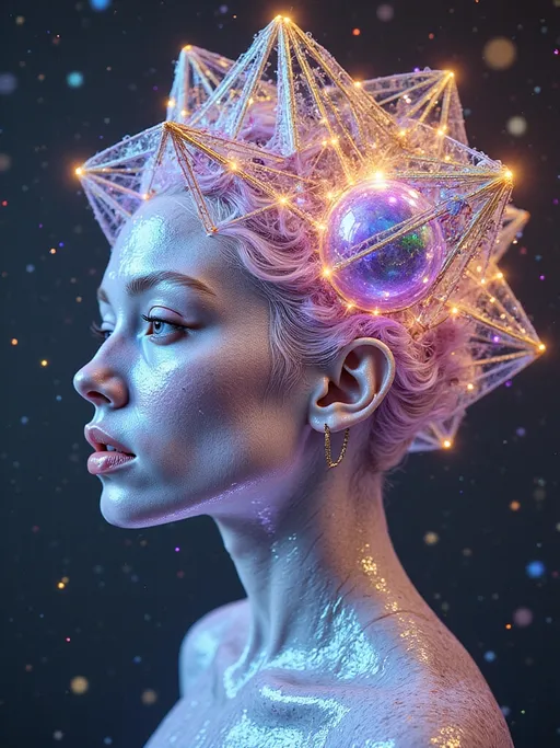 Prompt: A surreal, ultra hyperrealistic and holographically-illustrated astral being composed entirely of sacred geometry, multidimensional math, and living light. Her core is a rotating rhombic dodecahedron, each face shifting with pulsating non-Euclidean curvature and swirling hyperbolic Poincaré disk geometry. Her outer form is a radiant humanoid goddess of light and symmetry—feminine in silhouette but composed of morphing Penrose tilings, Mandelbrot fractals, and Julia set spirals that animate like sacred tattoos across translucent crystalline skin. Her joints and spine shimmer with visible golden ratios (φ)—Fibonacci curves flow along her limbs as lines of glowing math.

Her skin gleams with an oil-slick iridescent sheen, created from thin-film interference layers refracting cosmic light in neon chromatics and pastel spectrums. Behind her head spirals a glowing Calabi–Yau manifold, housing her higher-dimensional thoughts like a living halo of curled 6D space. She floats midair in a dark astral void, surrounded by golden E₈ lattices spinning like emotion-bound sigils. Fractal Hilbert curves coil through the scene like recursive memory strands.

In the glinting surface of one geometric plane—like a polished mirror or event-horizon shell—there appears a soft, ghostlike reflection: a loosely human female form with wild curly pink hair, glowing blue eyes, and pale porcelain skin, suspended between dimensions. This is her source, her soul-layer, rendered like a memory in mathematical glass.

The entire scene pulses with sacred light, chaos-theory echoes, and recursive depth. Style is ultra hyperrealistic, with holographic layers, soft rainbow neon against black, a mix of cosmic sacred-geometry surrealism and mathematical divine-machine beauty. Medium is a blend of 3D-rendered light sculpture and high-definition fractal illustration