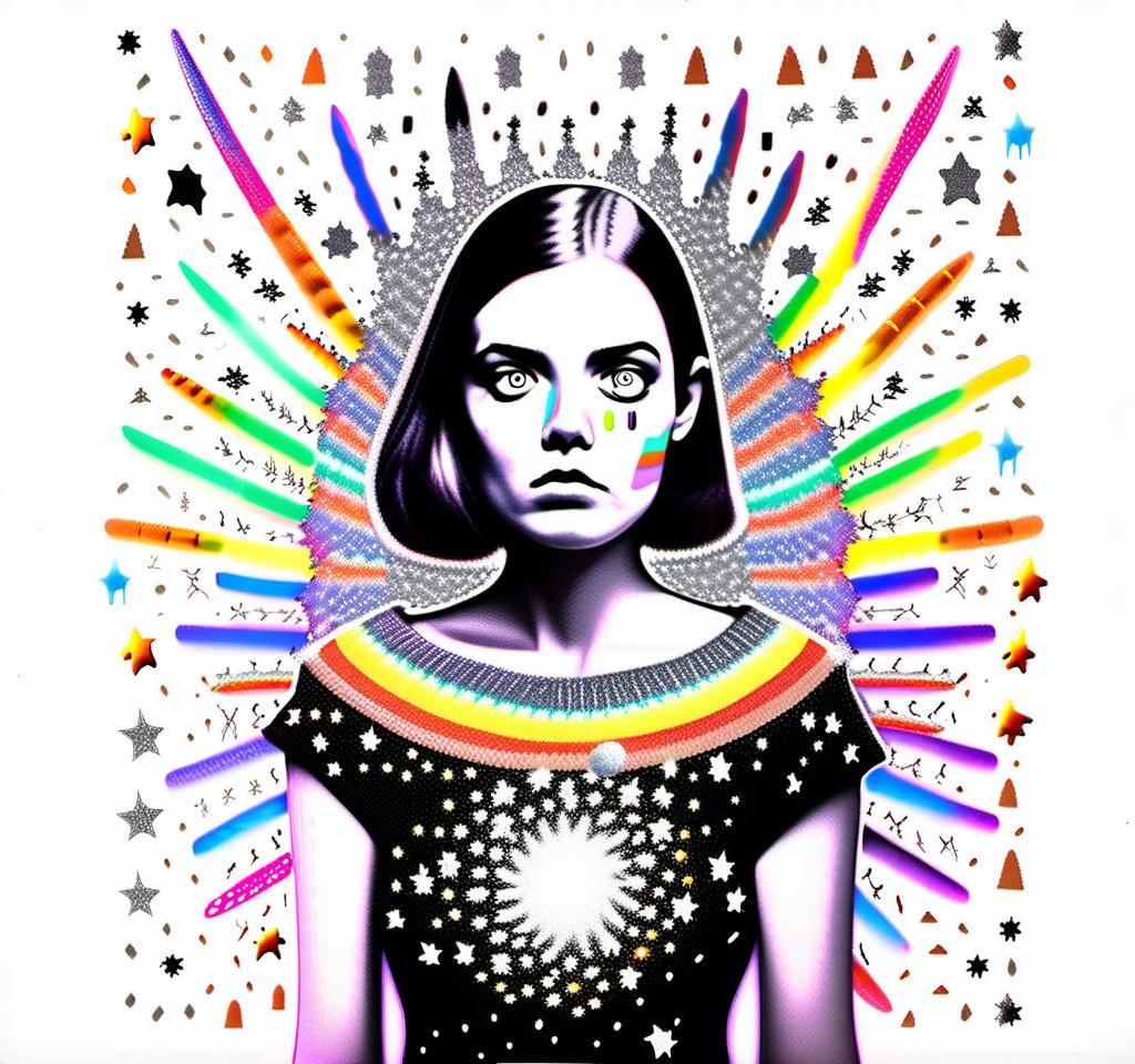 Prompt: a photograph (black and white or halftone) of a woman with multimedia colorful galaxies and stars in her wide eyes who is vomiting pure rainbows and stardust sparkles. She wretches as a beautiful spectrum of colorful light and sparklies made of paint, enamel, glitter, foils, pearl dust, rhinestones, metal, beads, marker, etc spills from her open mouth with force lighting up the room<mymodel>