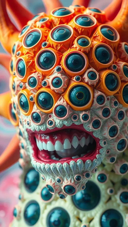 Prompt: Create an extremely hyper-realistic, ultra super textural, weird, trippy, surreal, psychedelic eyes/teeth/mouth creature/entity based on “metatron’s cube” with lots of human eyes (crazy colorful compound psychedelic), rows of human teeth, human lips, and tongues. 

- **Colors**: determined by the properties and expressions of the elements (& their isotopes), minerals, and metals: Nickel (Ni), Aventurine, Chrysoberyl

**Shapes and forms**
- “Metatron's Cube”
-other shapes determined by the natural properties and expressions of the elements (& their isotopes), minerals, metals, and biological organisms: diatoms, Nickel (Ni), Aventurine, Chrysoberyl


- **Textures**: Derived from any/all elements (& their isotopes), minerals, metals, crystals, organic things mentioned in this prompt: “Metatron's Cube” Nickel (Ni), Aventurine, Chrysoberyl

**Composition and Layout**:
- a pattern/design based on the “Metatron's Cube”

**Lighting**lots and lots of bright shining reflective light
- Trichroism


**Detail and Atmosphere**:
- Extreme hyperrealistic sharp high detail high definition organic and mineral textures
- Psychedelic, weird, odd, surreal atmosphere
- Frozen in time

**Additional Elements**:
- extra rows of teeth, lips, many eyes, diatoms, “Metatron's Cube” , Aventurescence, Chatoyancy
