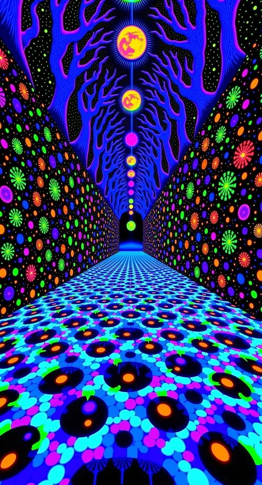 Prompt: Imagine a 3D space that feels like a surreal, cosmic room. The floor is a mesmerizing op art pattern, reminiscent of Escher's impossible geometry, drawing the eye into infinity. This ground level is alive with fractal mathematics, creating a sense of endless depth and complexity.

The walls of this room are formed by a delicate lattice of microscopic structures, showcasing the intricate beauty of diatoms and radiolarians. These microscopic choices are woven together with the organic textures of mold and lichen, giving the space a living, breathing quality that speaks to the interconnectedness of life.


This cosmic room is further enriched by elements of copper and gold, their warm hues contrasting with the cool blues and silvers of the space. The air is filled with a sense of quantum possibilities, where particles dance in a state of superposition, creating an atmosphere of wonder and curiosity.

---

I hope this prompt gives you the inspiration you need to create a truly unique and captivating scene! If you want me to whip up an image from this prompt, just say the word!