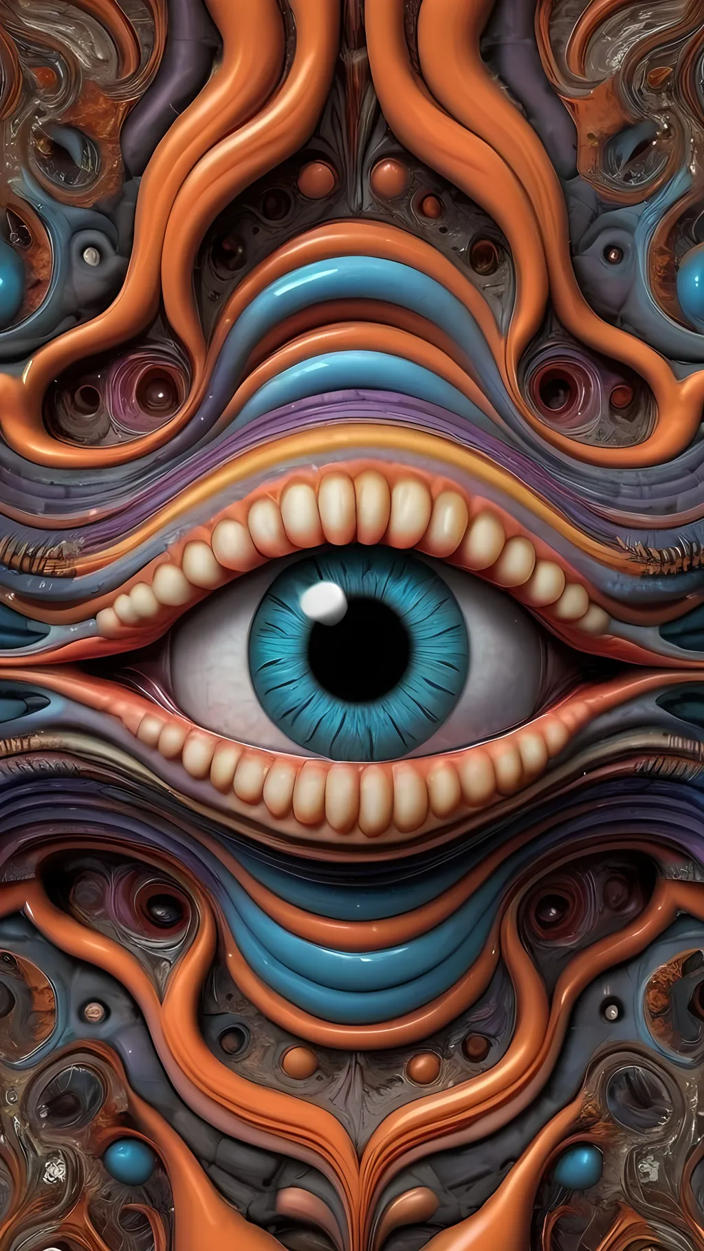 Prompt: Create an extremely hyper-realistic, ultra super textural, weird, trippy, surreal, psychedelic eyes/teeth/mouth pattern/design based on the “labyrinth fractal” & “op art tiling” with lots of human eyes (crazy colorful compound psychedelic), rows of human teeth, human lips, and tongues. 

- **Colors**: determined by the natural properties and expressions of the elements (& their isotopes), raw rough minerals, and metals:
- Molybdenum (Mo)
- Fire Opal

**Shapes and forms**
- main form: “labyrinth fractal”
-other shapes determined by the natural properties and expressions of the elements (& their isotopes), raw rough minerals, metals, and biological organisms: 
- Molybdenum (Mo)
- Fire Opal

- **Textures**: Derived from any/all elements (& their isotopes), minerals, metals, crystals, organic things mentioned in this prompt: 
- “labyrinth fractal”
- Molybdenum (Mo)
- Fire Opal

**Composition and Layout**:
- a pattern/design based on “labyrinth fractal”
- 3 dimensional


**Lighting**
- lots and lots of bright shining reflective light
- opalescence


**Detail and Atmosphere**:
- Extreme hyperrealistic sharp high detail high definition organic and mineral textures
- Psychedelic, weird, odd, surreal atmosphere
- Frozen in time

**Additional Elements**:
- extra rows of teeth, lips, many eyes, “labrynth fractal”, Aventurescence, Chatoyancy
