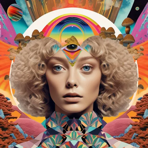 Prompt: a psychedelic collage reminiscent of 70s psychedelic sci fi collage artwork celebrating a girl on mushrooms. It is to feature a photograph of a woman with blond curly hair that is edited by splicing it with other images from photographs, magazines, newspapers, illustrations/paintings to create the impression she is high on magic mushrooms. The work will include such elements as a psychedelic 3rd eye open, stars and planets, trippy optical illusions and patterns, psilocybin cubensis mushrooms, fractals, UFOs, aliens, geometric shapes, auras, rainbow spectrums, sacred geometry, trippy drippy stuff, psychedelic hallucinations, open eyes, landscapes of astral worlds<mymodel>