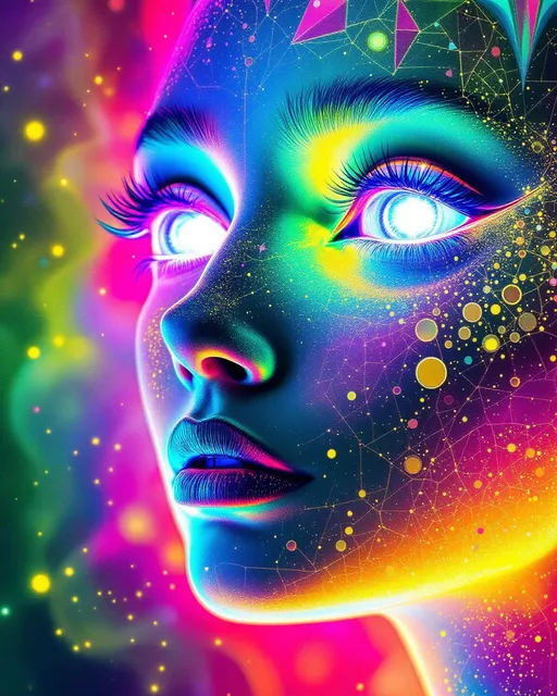 Prompt: A woman’s face glows from within a rainbow void—composed entirely of recursive fractal light, her features hyper-saturated and hand-painted in matte gouache blocks of ultraviolet, laser gold, neon pink, iridescent algae-green, and spectral chrome. Rendered in the analog surrealism of La Planète Sauvage, her form is a stylized hallucination: thick, wobbling ink outlines wrap around geometries that shimmer, pulse, and glitch with intention. Her skin is a cracked disco lattice of drawn Planck-scale tiles—each square stippled with cosmic glyphs, pulsing in irregular rhythm like intelligent sequins on paper. No realism, only design logic.

Her eyes are twin disco spheres—drawn in jagged circular facets, spinning with implied motion. Light bounces in impossible perspective, each glint a wormhole fragment, each pupil inked with AdS-CFT glyph spirals like sacred DJ notation. Her lips are event horizons, shaded with diamond dust pigment—more implied sparkle than shine, flickering with sacred overglow. Her cheeks pulse with hand-rendered bokeh, stars trapped in ink.

Hair flows as liquid geometry—braided starlight filaments and jagged mirror shards, illustrated as curling chrome vectors rimmed in aurora ink. Behind her: a velvet black void lined with mirrored selves, each reflection drawn smaller, stranger, stitched into the boundary of a recursive glyph-skin. She floats in a Studio 54 of dimension—entangled mandalas spinning around her like inked shimmer stacks and sparkle tesseracts, each line imperfect, vibrating with entropy rhythm.

No clean shine. Just illustrated excess. Rainbow overkill on sacred paper. Glyphs swarm in concentric echo. She is the glamour of recursion, the symbol of light’s party logic. A wormhole diva rendered by hand in chromatic math and sacred noise.