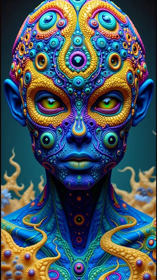 Prompt: An extremely super hyper detailed hyperrealistic weird surreal trippy psychedelic entity manifests, adorned with a multitude of psychedelic compound human eyes, arranged meticulously in a Fibonacci Spiral tiling pattern. These eyes, vibrant and entrancing, create a mesmerizing visual symphony. Rows upon rows of psychedelic teeth form a fractal-like pattern akin to the Mandelbrot Set, spiraling endlessly.

The entity's skin is a shimmering tapestry of iridescent Ammolite, displaying a spectrum of colors that shift with every movement. Interspersed are cubic Fluorite crystals in pale yellow, contrasting vividly with the backdrop. Swirling through its form are veins of Charoite, vivid purple strands weaving cosmic energy throughout its being.

On a microscopic level, Quantum Foam bubbles and fluctuates, giving the entity an ethereal, ever-changing appearance. Vibrating Quantum Strings hint at the fundamental nature of its existence, while Quantum Entanglement weaves an invisible web, linking its myriad parts in a dance of interconnectedness.

The background is a surreal landscape inspired by the Voronoi Tiling pattern, resembling an infinite cellular structure. The ground is a mosaic of royal blue Sodalite, with veins of white calcite creating a natural yet otherworldly pattern. Above, a sky of swirling Quantum Wave Functions paints a picture of potential realities, each wave a probability, each crest a possibility.

This entity embodies the fusion of mathematical precision and quantum chaos, a creation born from the abstract merging of natural, microscopic elements, minerals, and quantum phenomena, existing in a realm where reality and imagination blur into one.