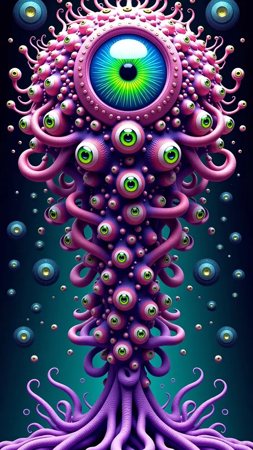 Prompt: An extremely super hyper detailed hyperrealistic weird surreal trippy psychedelic entity manifests, featuring an overwhelming array of psychedelic human eyes, meticulously arranged in a mesmerizing Spirograph pattern. These eyes, each vibrant and unique, echo the intricate loops and curves of the design, creating a hypnotic visual rhythm. Rows upon rows of psychedelic teeth, each resembling a miniature fractal tree, branch out in recursive patterns, their textures mimicking the organic complexity of natural growth.

The entity's form is enriched by coral-like patterns, with its surface exhibiting intricate branching structures reminiscent of coral formations, adding layers of complexity and depth. Its texture is a swirling amalgamation of fractal geometries and Voronoi tiling, forming a cellular structure that pulsates with life.

On a microscopic level, the entity's skin is a tapestry of radiolarians, each with a lattice-like structure and radiating spines, contributing to its otherworldly appearance. These intricate forms are interspersed with elongated, tubular shapes of foraminifera, their surfaces adding tactile roughness.

Elements of Labradorite and Charoite infuse the entity with iridescent flashes and swirling purple hues, their crystalline structures playing with light across the surface. The metallic sheen of Pyrite adds reflectivity, interspersed with the deep azure of Azurite, forming a striking contrast that enhances the surreal aesthetic.

In the background, a cosmic scene unfolds, inspired by quantum foam, a seething mass of bubbles and fluctuations at the Planck scale, creating a dynamic and ever-changing backdrop. This scene is enriched by quantum entanglement, visualized as an invisible web linking particles across the universe, adding interconnectedness to the surreal landscape. The entire scene is bathed in the soft, ethereal glow of a Fibonacci spiral galaxy, its arms stretching out in a harmonious cosmic dance.