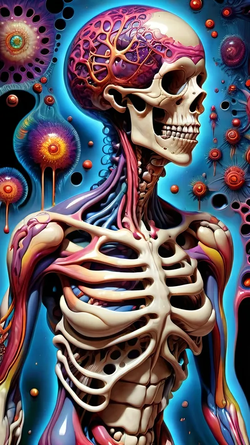 Prompt: Ultra hyperrealism Psychedelic hallucination, human being/body melting psychedelicly - skeleton, female, long curly hair, muscular system, muscles, bones, organs, guts melting, oozing, dissolving into fractals. 9of reality melting, ego death, melty, melting, drippy, drips dripping, Ooze, oozing, Alex grey, fractals, visionary, psychedelic, trippy, weird