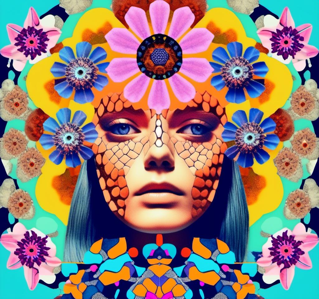 Prompt: A psychedelic collage evoking a vintage 70s sci fi feel but I stead of the sci-fi theme let’s do wildflowers. Photos and art of wildflowers spliced with things like psychedelic patterns/optical illusions, landscapes, geometry, mushrooms/fungus, insects, crystals, gemstones, the sun & moon, etc. Employ a pretty floral color pallet but keep that surreal feel in this natural organic psychedelic collage<mymodel> 