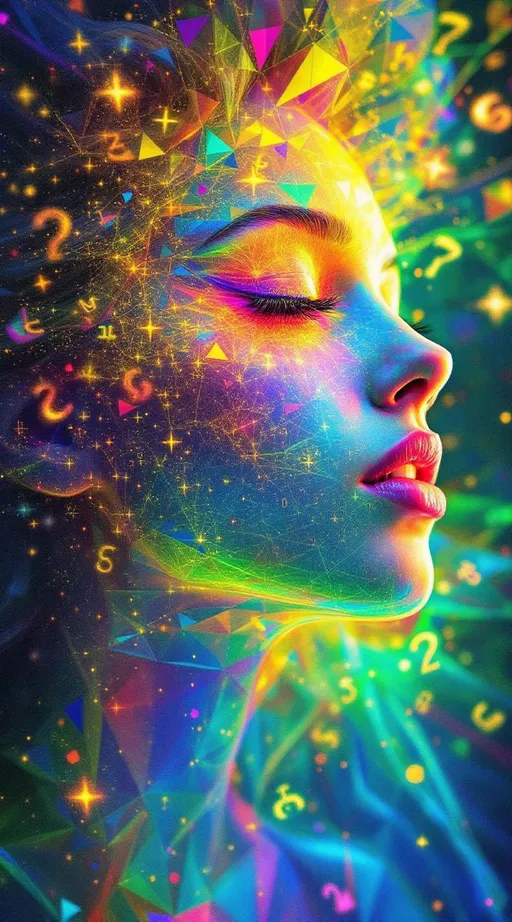 Prompt: She radiates like a prism dreaming—sharp sacred angles softened by surreal number gradients, each facial plane a shimmer between infinities. Her icosahedral cheekbones glow not just in crystal cut, but in color melt—each facet drifting through emotional huefields born from neurofractal empathy. When she feels joy, it blooms outward in recursive shimmer. When she loves, pigment flows in reaction-diffusion blushes across her skin, glowing like watercolor plasma.

Hair sparkles in rainbow Penrose curls, sharp in shape but fluid in light—braided geometry softened by fractal dimension glow, a halo of infinite edge detail. Around her, symbols align in glowing coincidence—when she moves, the world makes sense for a moment. Eyes reflect layered numbers that don’t exist in this world—surreal logic pulsing through lashes made of glitter equations. Even her silence has color.”

⸻

✨ Final Visual Keywords (Diffused Angular Edition):
Surreal number shimmer, recursive color bloom, pigment logic ripples, sacred crystal soft-fire, Penrose rainbow halo, empathy glowfield, dream-angle cheeks, infinite-scale sparkles, symbolic echo trail, colorbreath skin